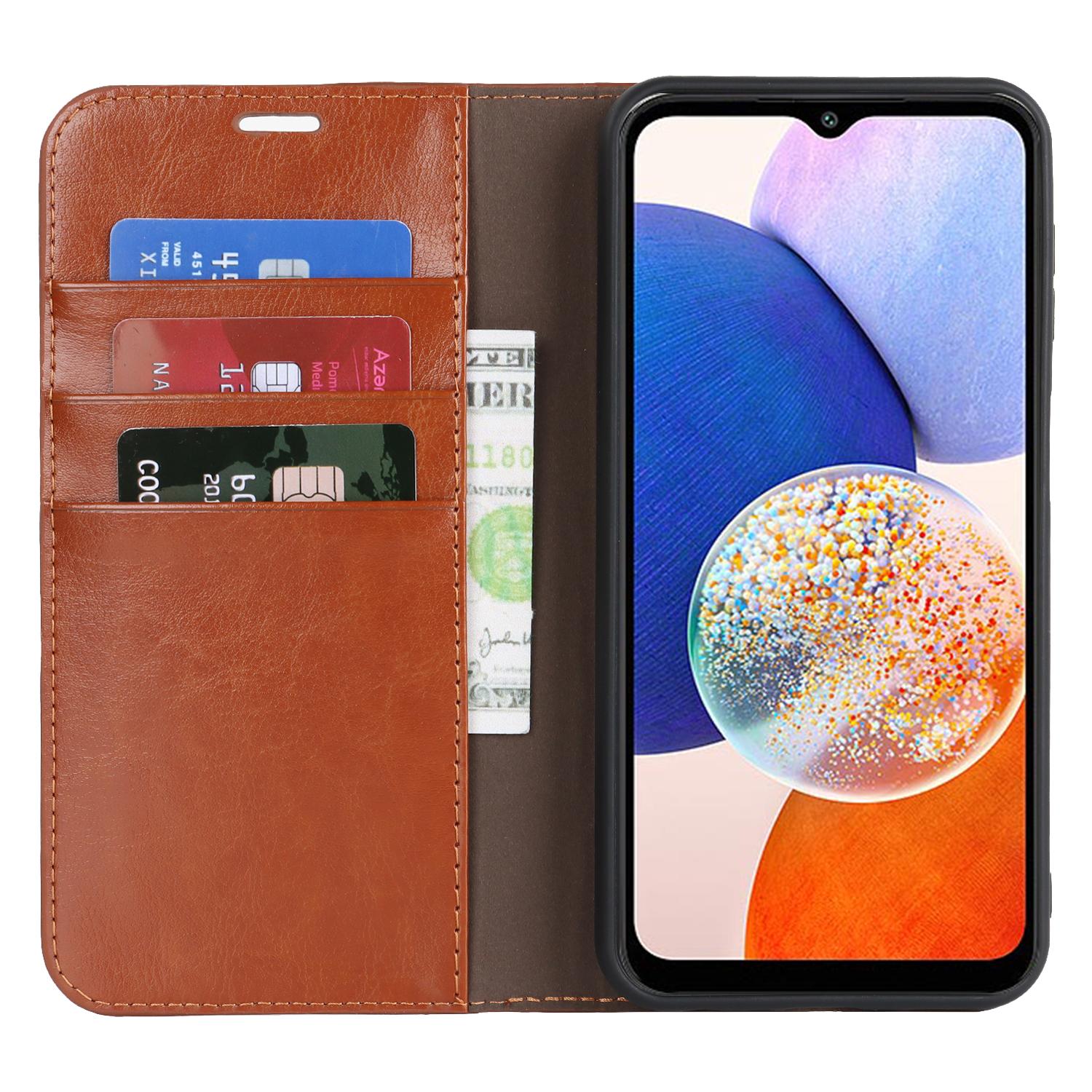 

Genuine Cow Leather Phone Cover for Samsung Galaxy A24 4G (162.1 x 77.6 x 8.3mm) Crazy Horse Texture Anti-drop Phone Case with Wallet Light Brown