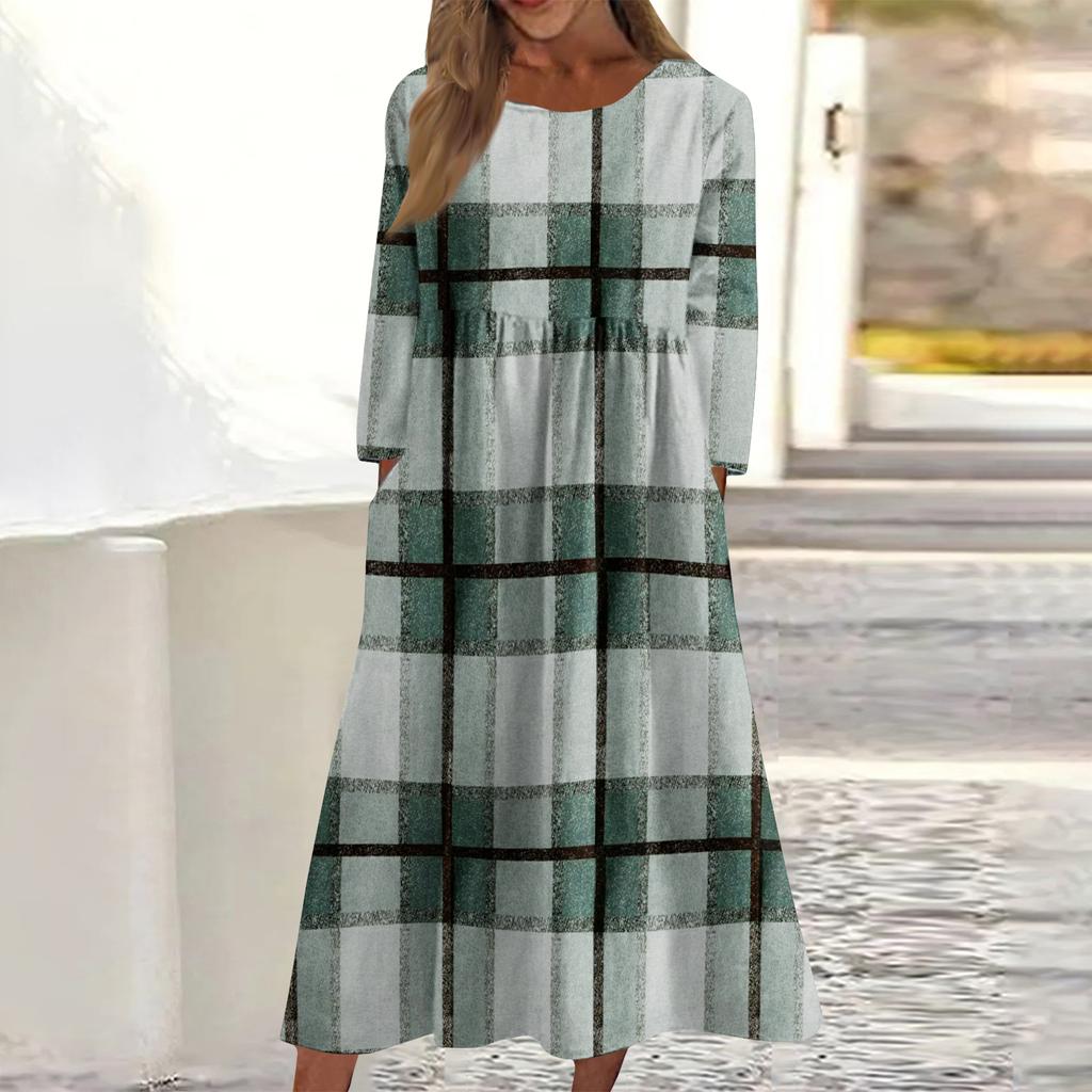 Women's Casual Round Neck Plaid Print Midi Dress Long Sleeve Pocket Dress