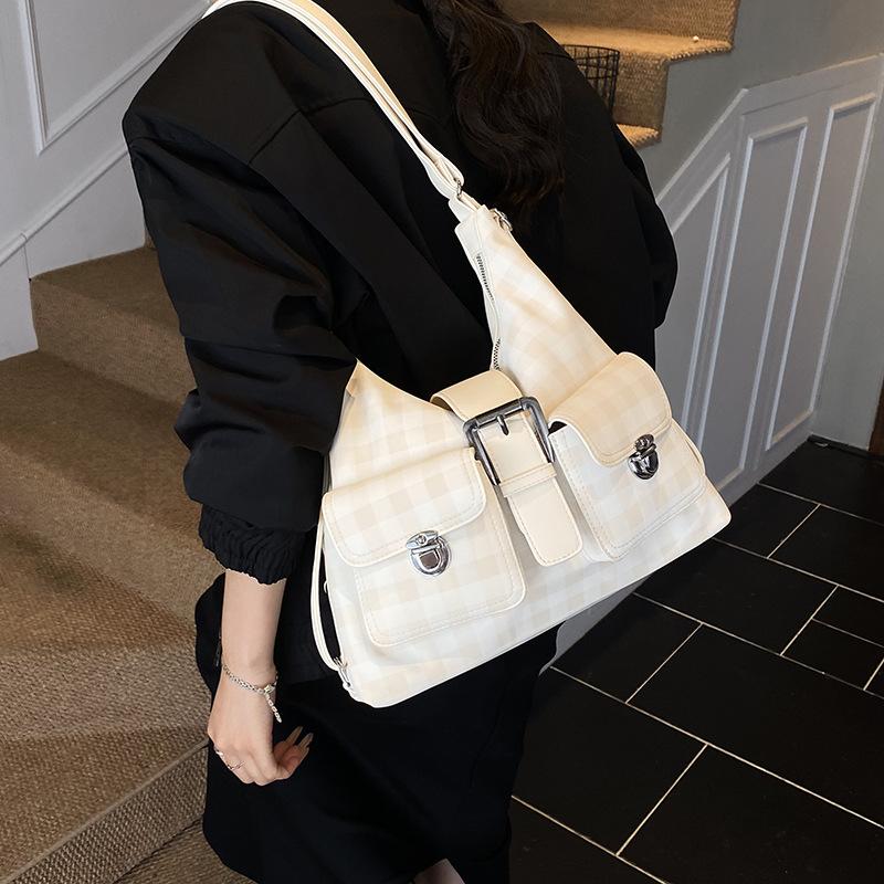 Retro large-capacity shoulder bag women's 2025 new plaid tote bag multi-functional backpack leisure bag