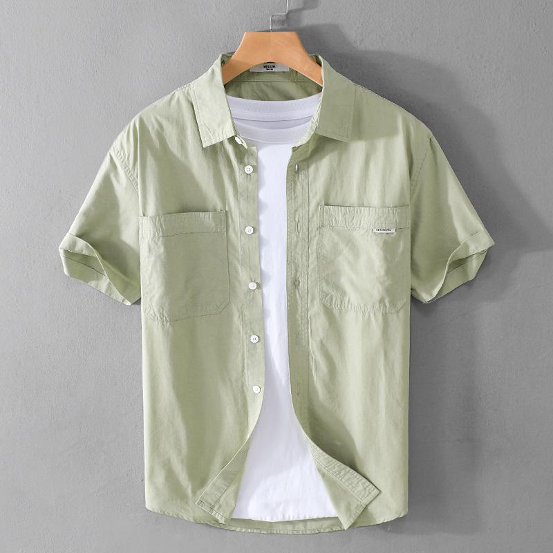 Summer Men's Casual Shirt Daily Pure Cotton Short Sleeve Shirt Lapel Collar Solid Color Double Pockets Shirt Youth Simple Style Men Clothing