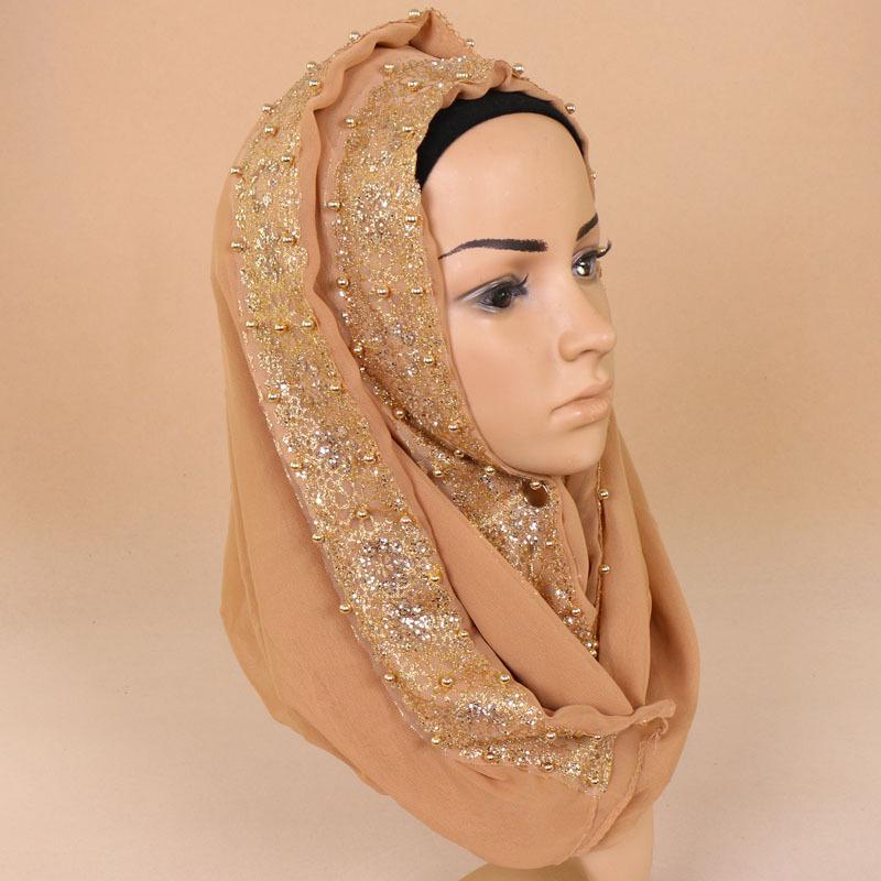 Sciarpa a foulard in chiffon a bolle floreale Lurex perla tinta unita, sciarpa, moda donna, glitter, pallina oro, pompon, Bufandas Mujer, fascia per capelli, Hijab musulmano