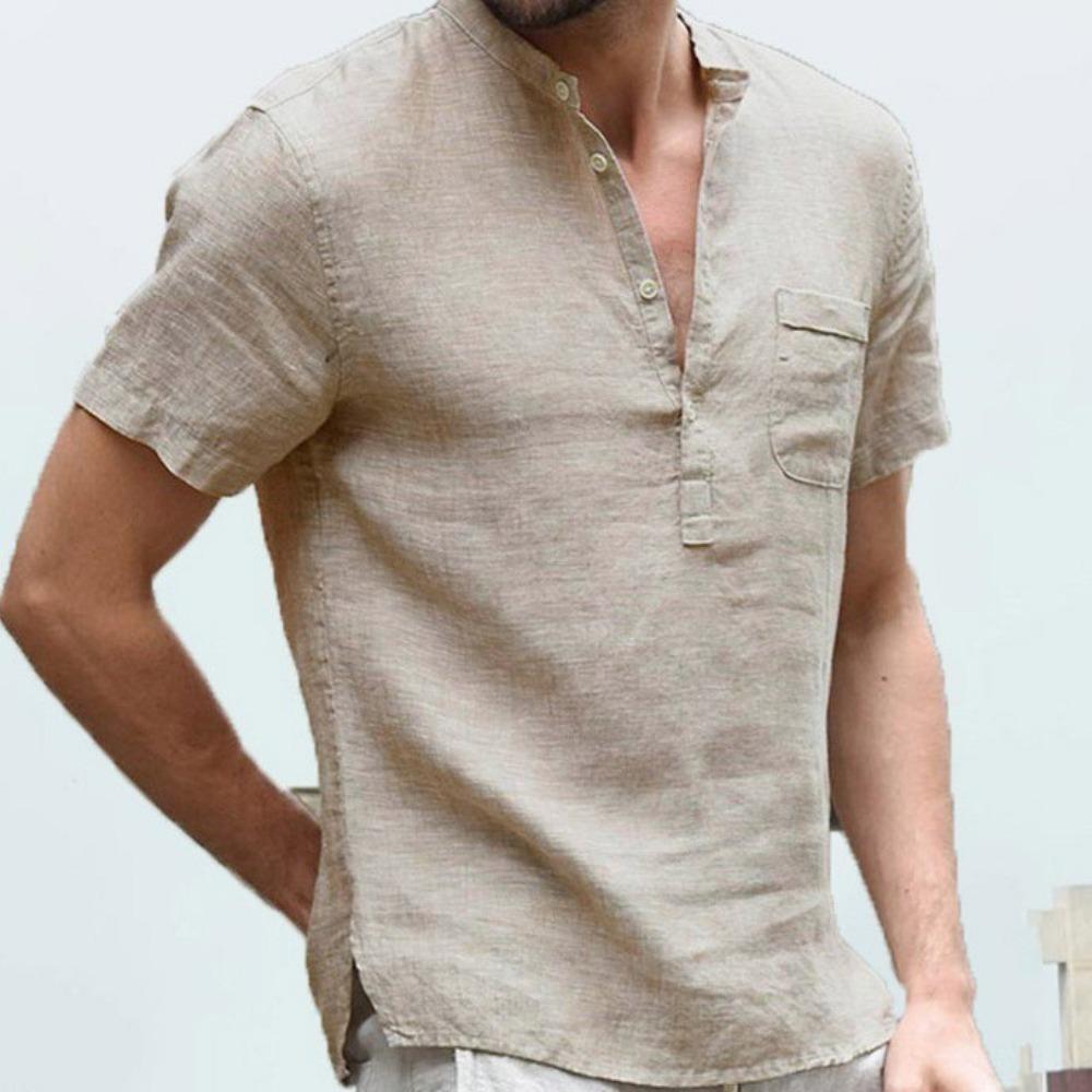 Summer Cotton Linen Short Sleeve Men's Shirt Solid Color Pocket Stand Neck Button Half Open Black Shirts KTB