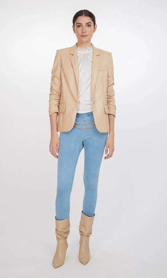 Button Party Beige Stylish Women Classic Blazer Real Lambskin Leather Genuine