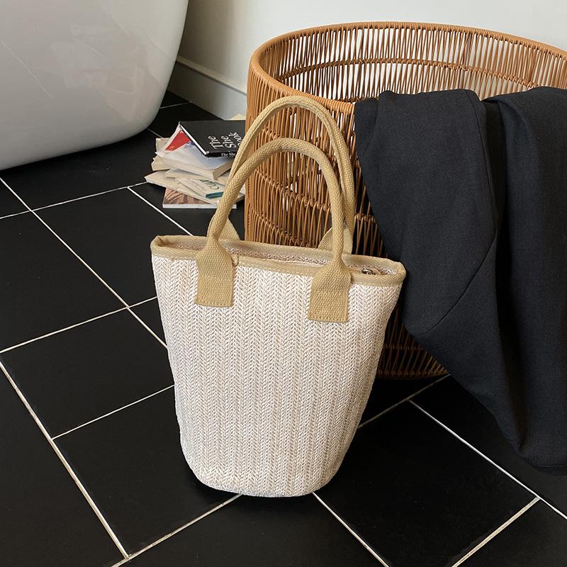 

Осень популярный отпускной стиль овощная корзина плетеная сумка женская пляжная соломенная сумка модная универсальная дорожная сумка через плечо сумка-ведро бежевый