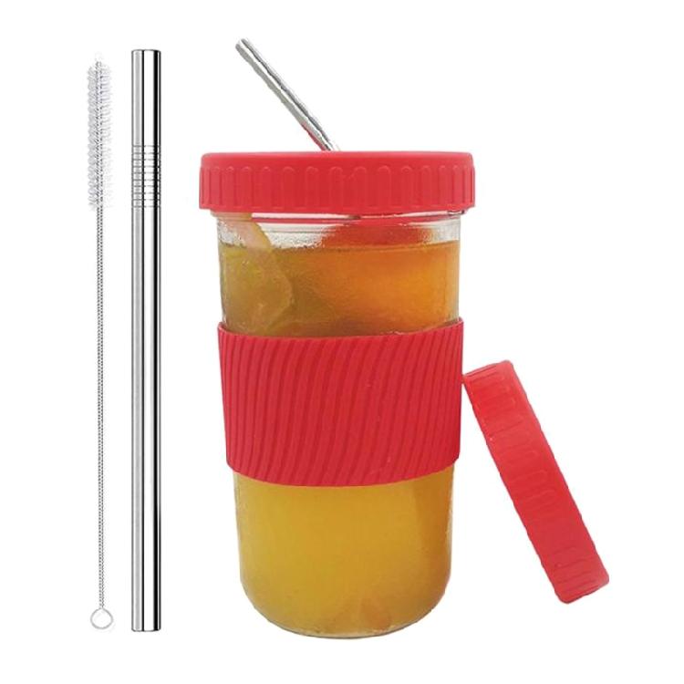 Reusable Glass Coffee Cups Leakproof Juice Cups Tea Cup with Straw Straw Cleaner красный