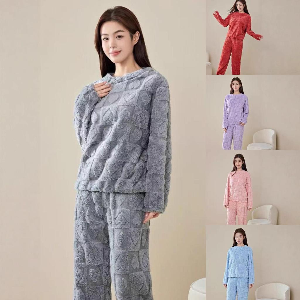 Women's Heart Print Flannel Pajama Set - Warm Winter Coral Fleece Homewear