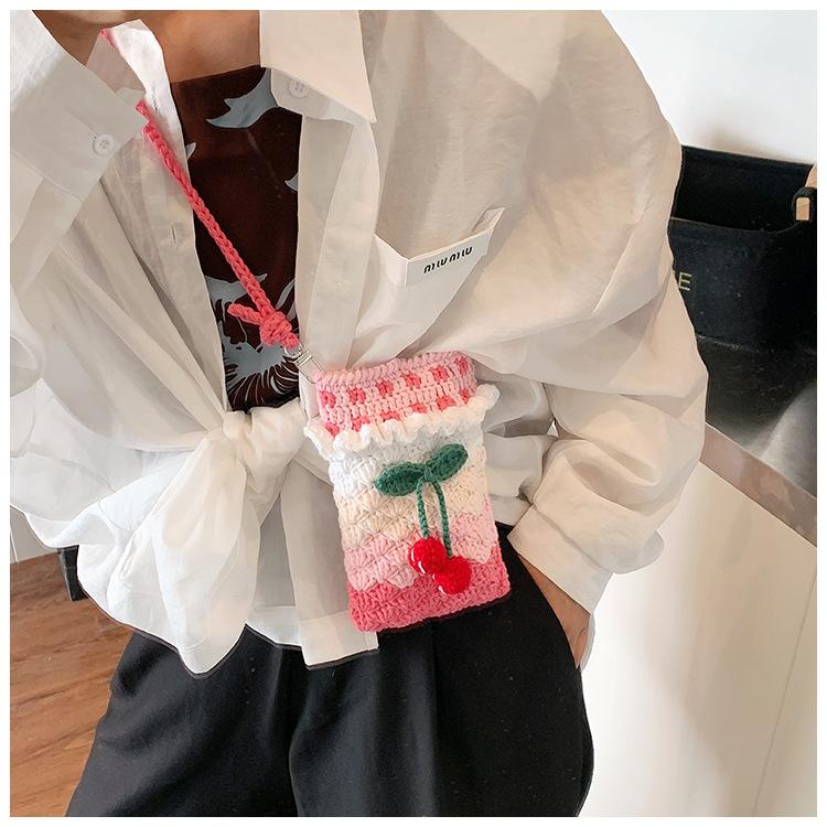 Handmade Crochet Cherry Phone Bag, Cute Pastel Knitted Crossbody Purse For Girls, Mini Drawstring Single Shoulder Pouch