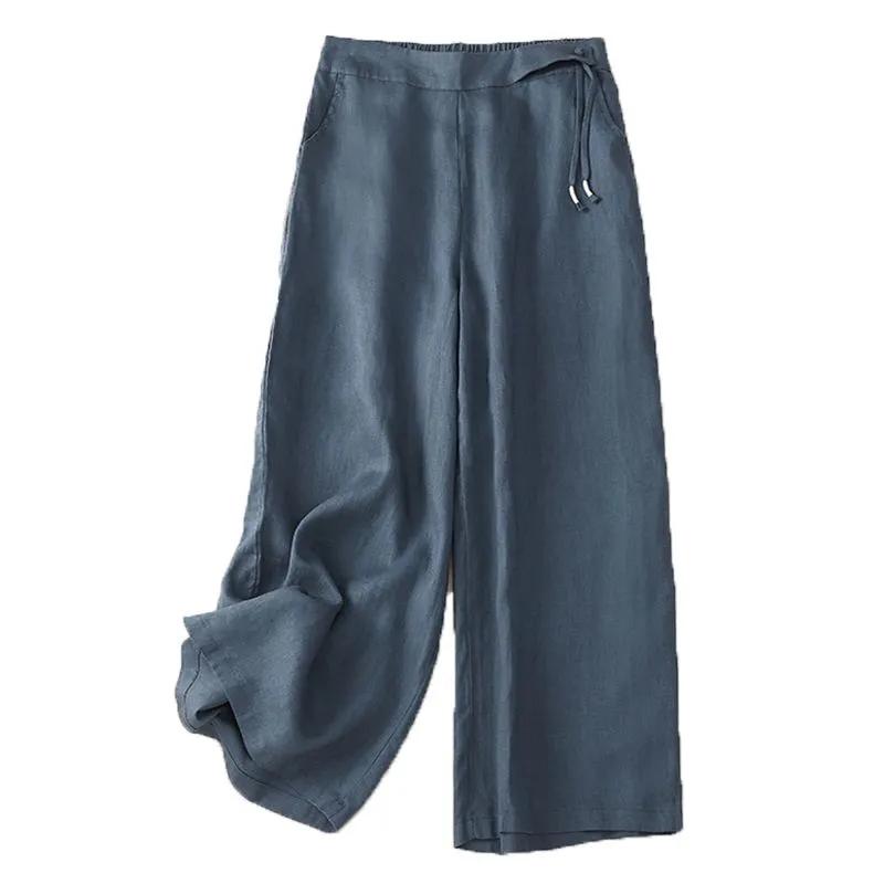 Elastic Waist Cropped Pants Plus Size Spring and Summer Women's Cotton Linen Loose Retro Wide-legged Trousers High-waisted Casual Trousers