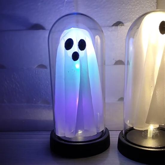 LED Ghost Decoration Halloween Indoor Light Up Ghost in Glass Cloche for Home Kitchen Mantel Tabletop Decor