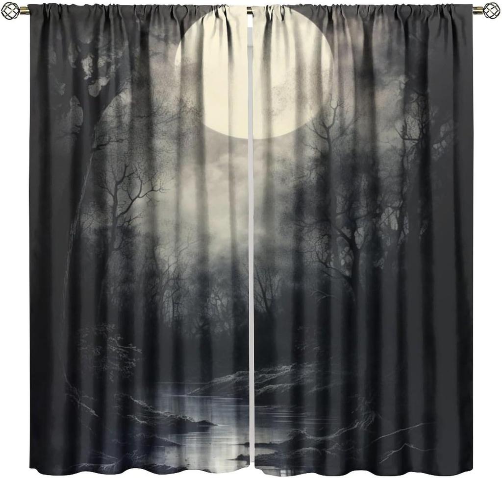 Gothic Dark Misty Forest Curtains Mysterious Horror Foggy Dim Dead Jungle Under Strange Bright Moon Thermal Insulation Blackout Made Of Polyester