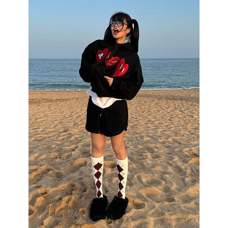

Women s Retro Heart Embroidered Plush Hoodie - Cozy, Loose Fit for Fall/Winter 2XL чорний