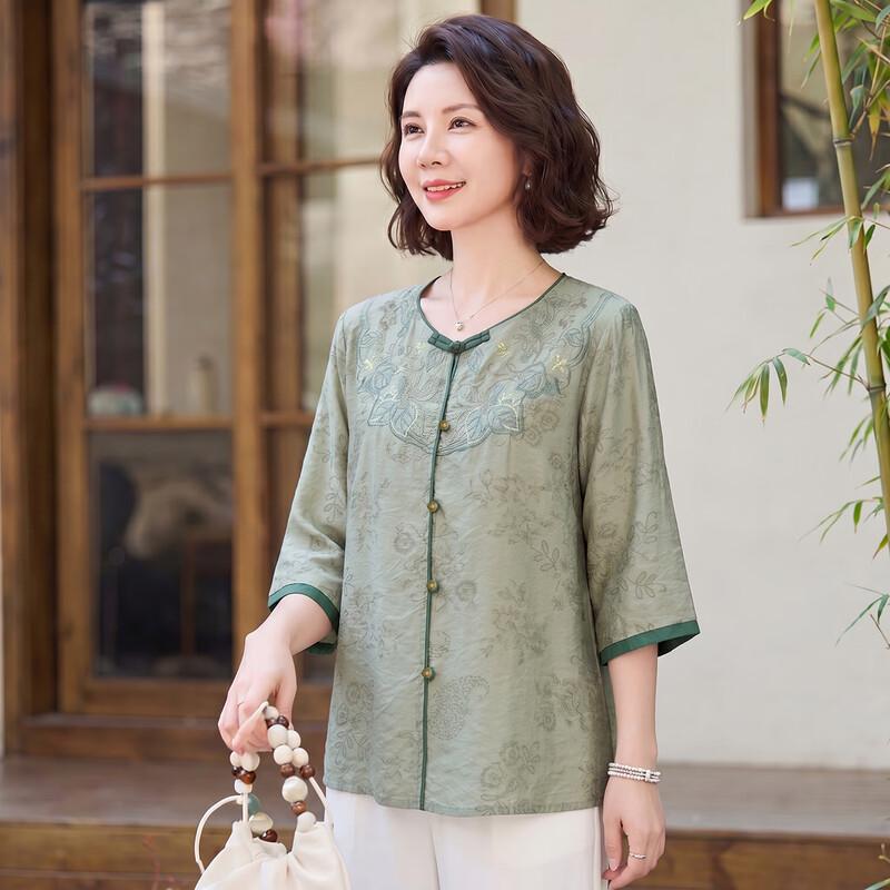 Haoyi Women's Embroidered Frog Button Chinese Style Short Sleeve Shirt