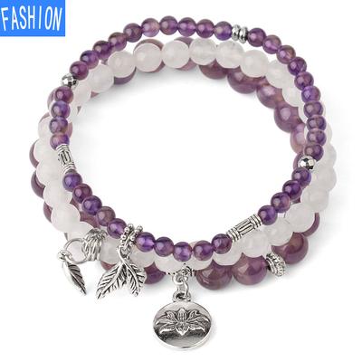 Doğal Kristal Çok Katmanlı Antik Gümüş Lotus Kolye Bileklik Yuvarlak Boncuklu ve Elastik Bileklik