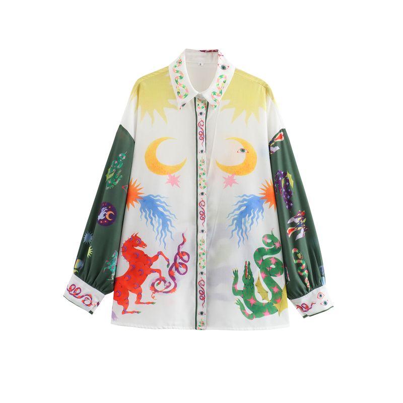 Spring New Women's Clothing Fashion Trendy Bohemia Lapel Long Sleeves Print Shirt High Waist Straight-Leg Pants