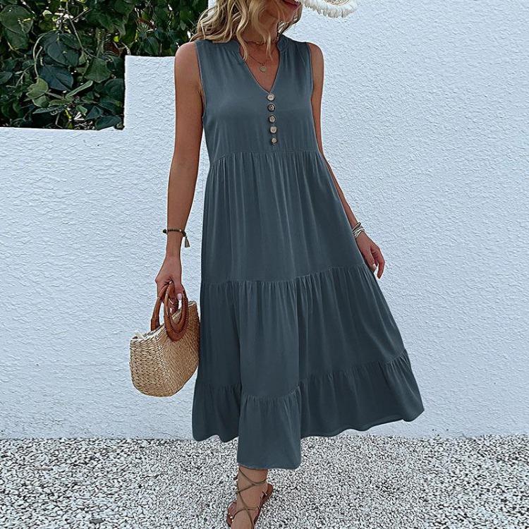 Women Summer Spring Casual Sleeveless V Neck Solid Color Print Fashion Dresses