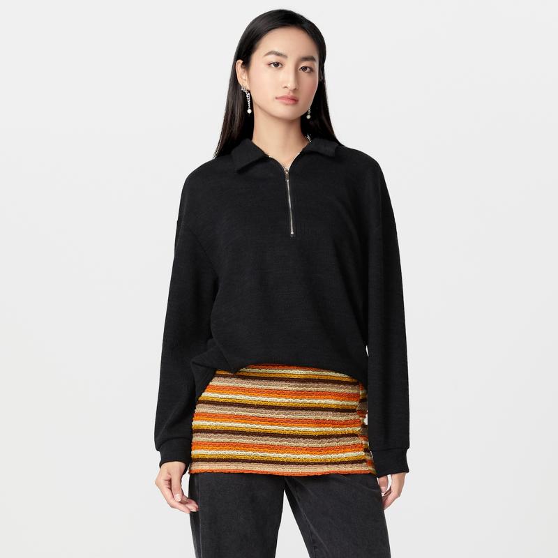 Unisex Women Men Zipper Lapel Neck Casual Loose Couple Pullovers Tops