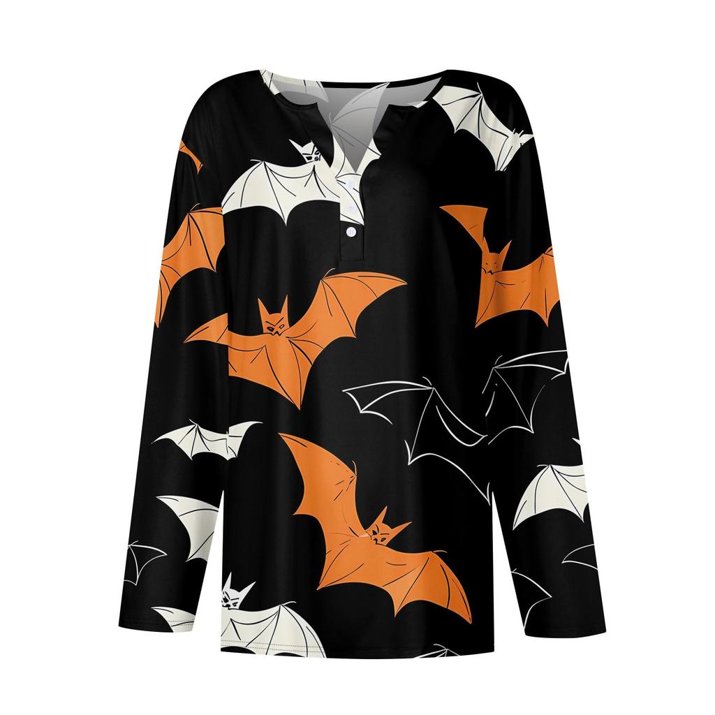 Women's T Shirt Tee Halloween Print Button Long Sleeve Daily Weekend Fashion Basic V- Neck Regular Top