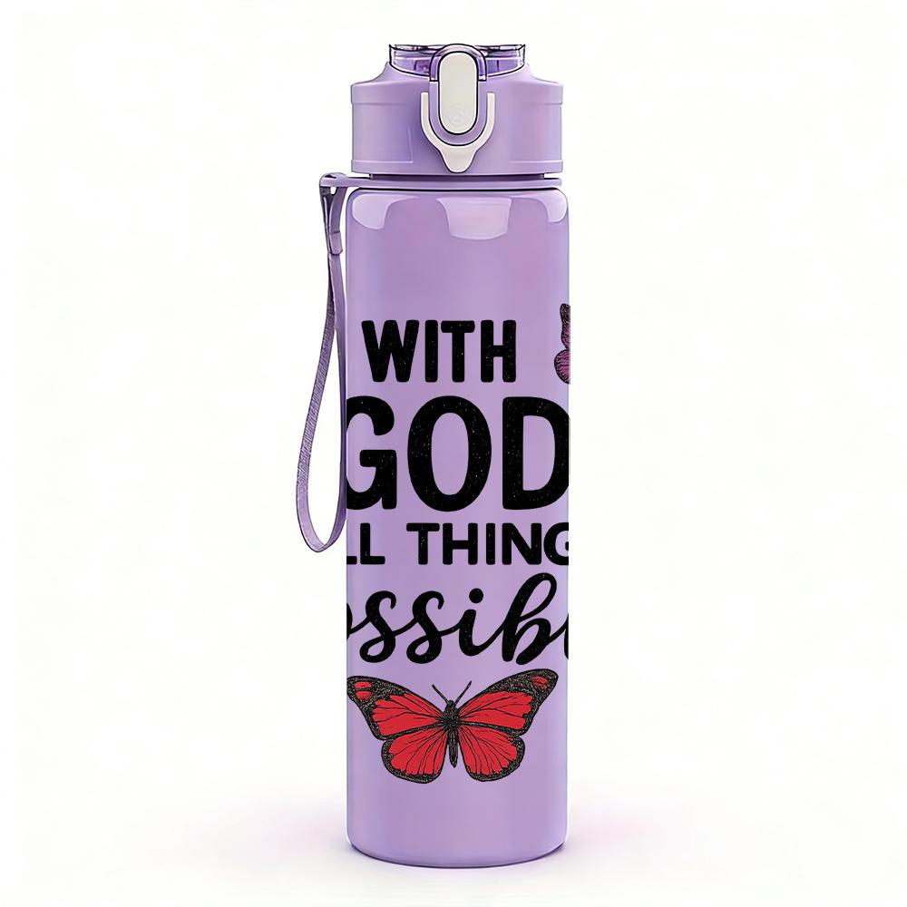 1PC With God All Things Quote Text 750ml Color Plastic Sports Water Bottle Leakproof Flip Straw Lid For Sports Office Home Use