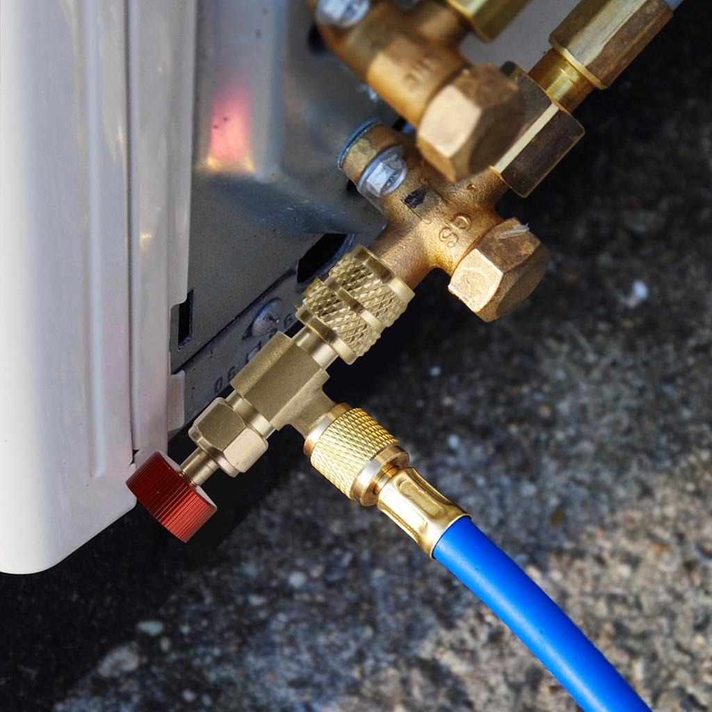 2Pcs Refrigerant Charging Valve Set, 1/4" & 5/16" Safety Adapter Flow Control Ball Valve, Brass Low Loss HVAC Fittings for R12 R22 R410 Air