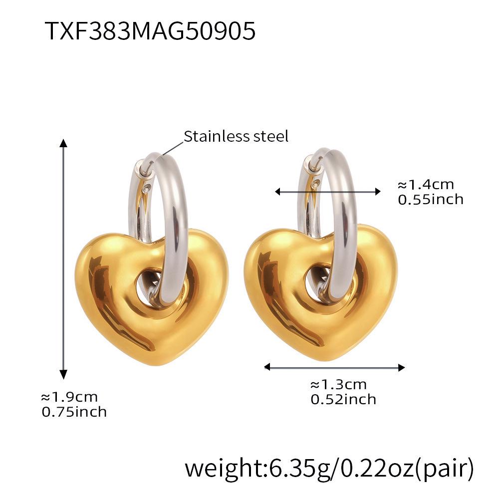 Qiong Yao 18K Gold Plated Stainless Steel Peach Heart Pendant Necklace & Earring Set - Smooth Surface & Elegant Design
