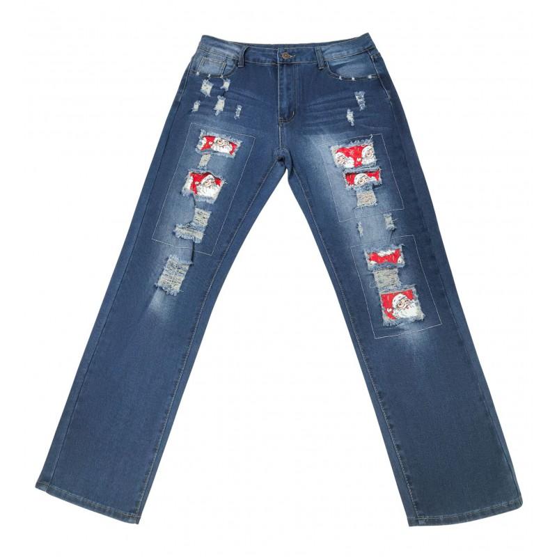 Womens Straight Fit Denim Jeans With Santa Appliqu Patch Distressed Ripped Detail
