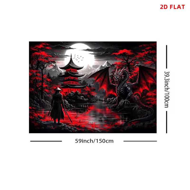 Appeso a Parete Estetico 2D Rosso Nero Samurai e Drago Scena Notturna
