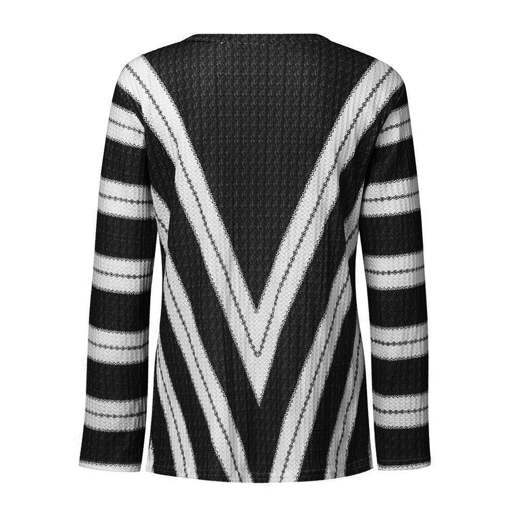 Fashion Womens Long Sleeve V Neck Striped Knitting Casual Tunic Blouse