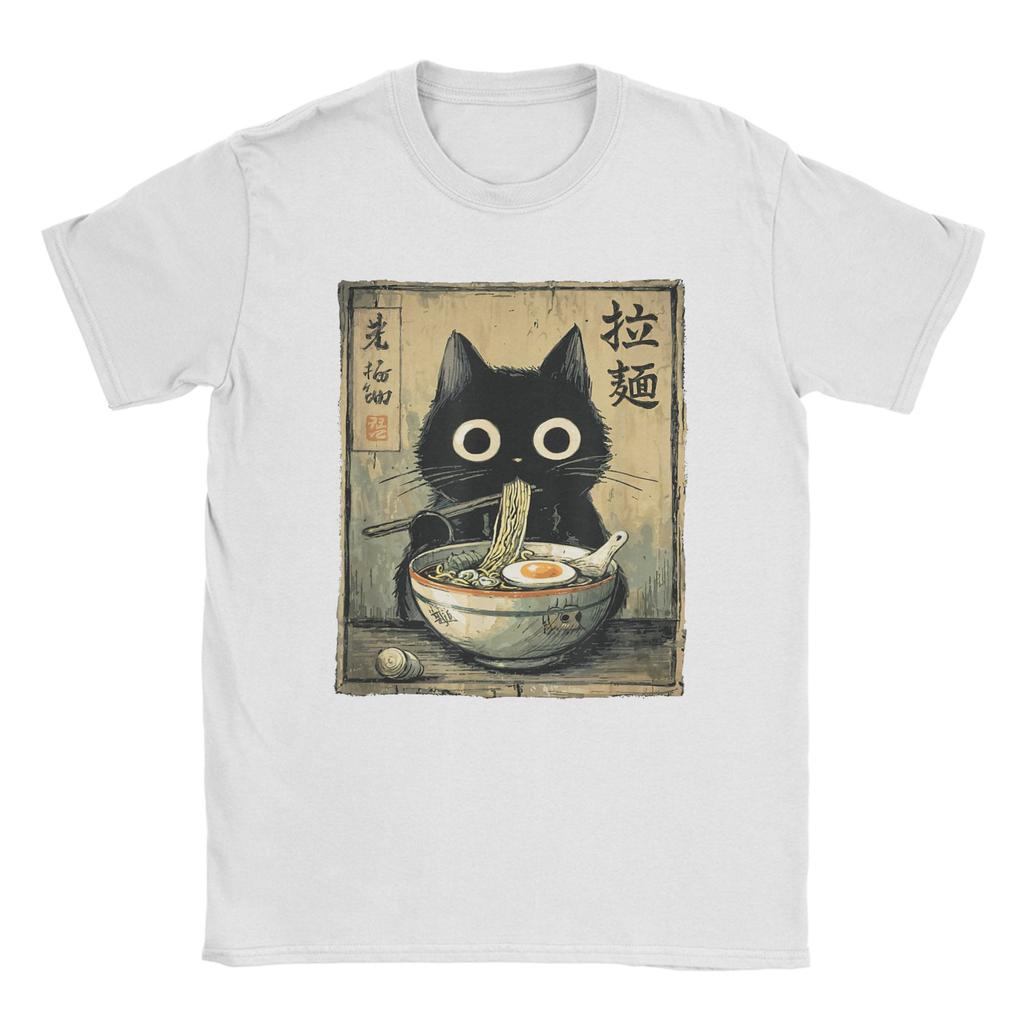Kawaii RaUnisex Cat Retro Japanese Noodles Artwork Unisex T Shirt Vintage Tee Shirt Short Sleeve O Neck TShirt Cotton Gift Idea Tops
