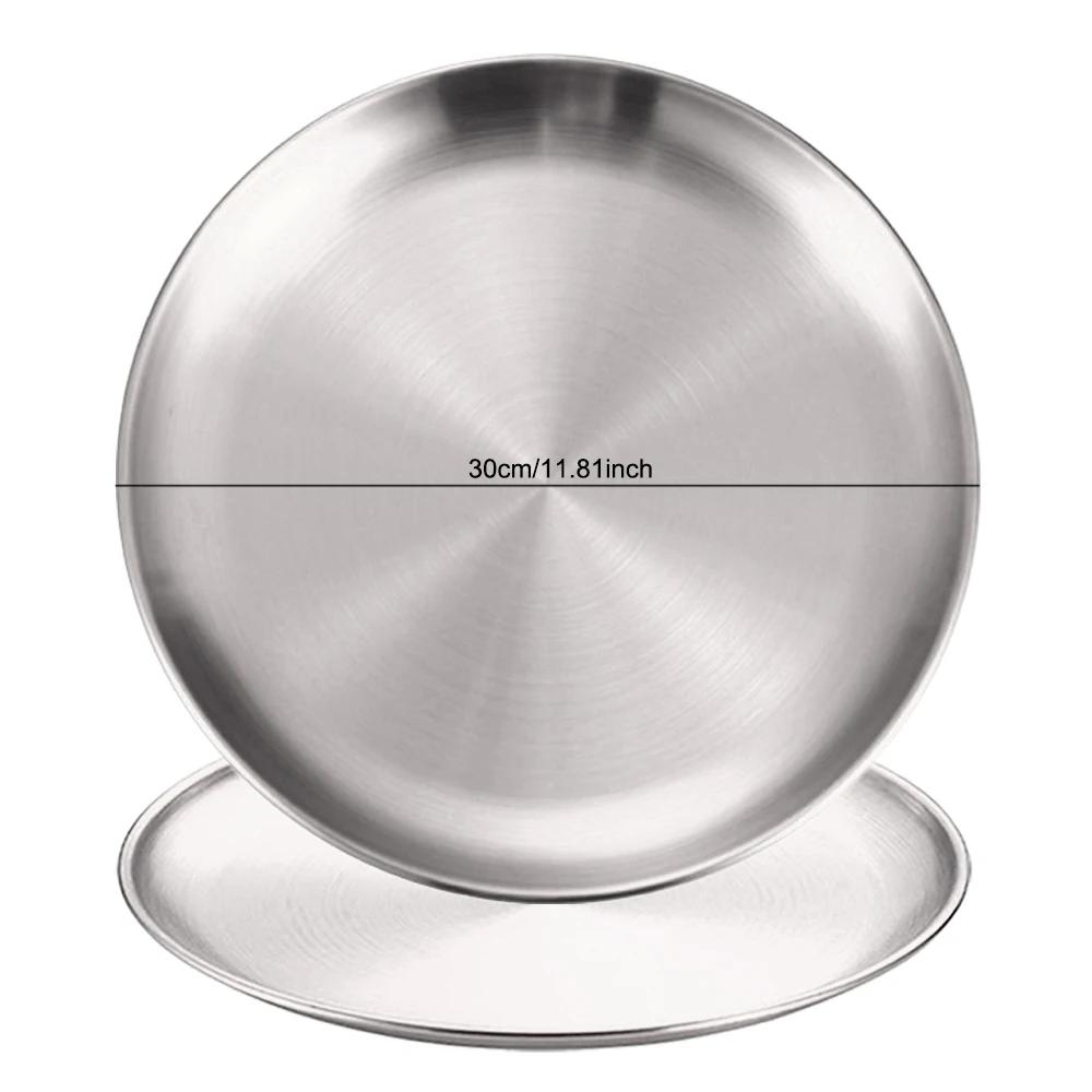 2Pcs Stainless Steels Round Silver Shallow Tray Plate Rust-Proof 14/17/20/23/26/30cm Camping Plate BBQ Picnic Dishes Cookware