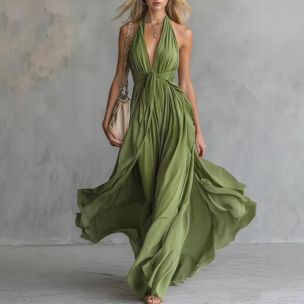 New solid color TK sleeveless waist dress sexy European and American V-neck women's clothing