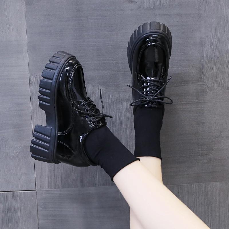 Lucyever Lace Up Platform Loafers Women 2024 Autumn Patent Leather Chunky Heel Pumps Woman Round Toe Hidden Heels Shoes Female