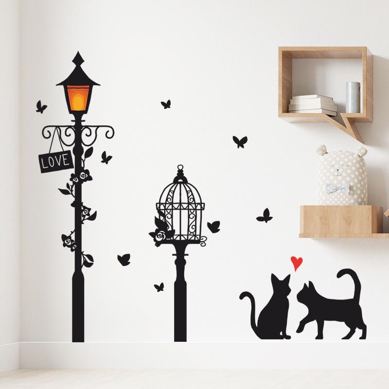Cartoon Street Lamp Cat Wall Sticker Living Room Entrance Background Home Decoration Bedroom Decor Decal Self Adhesive Wallpaper