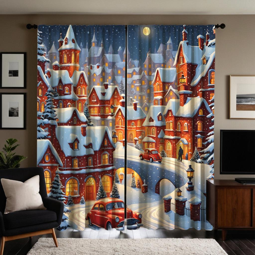 2pcs HD Post-Snow Christmas Castle City Decoration Curtain White Tie Digital Printed Curtain Home Decoration Style Decoration