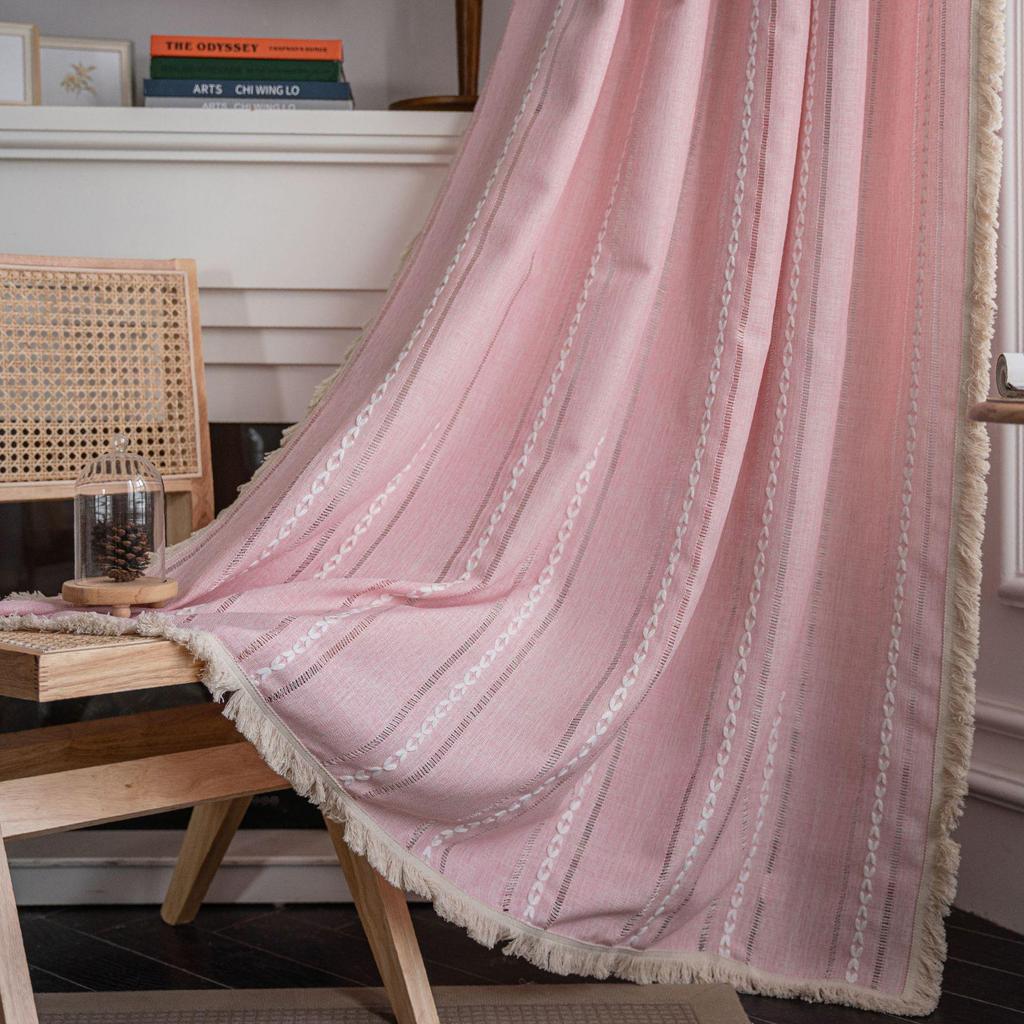 Imanqi Yun Striped Embroidery Semi-Blackout Curtains for Kitchen or Living Room, Country Style Bay Window Decor