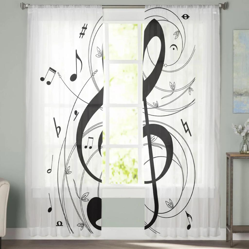 Music Symbol Black And White Art Chiffon Sheer Curtains for Living Room Bedroom Decoration Window Voiles Tulle Curtain Drapes