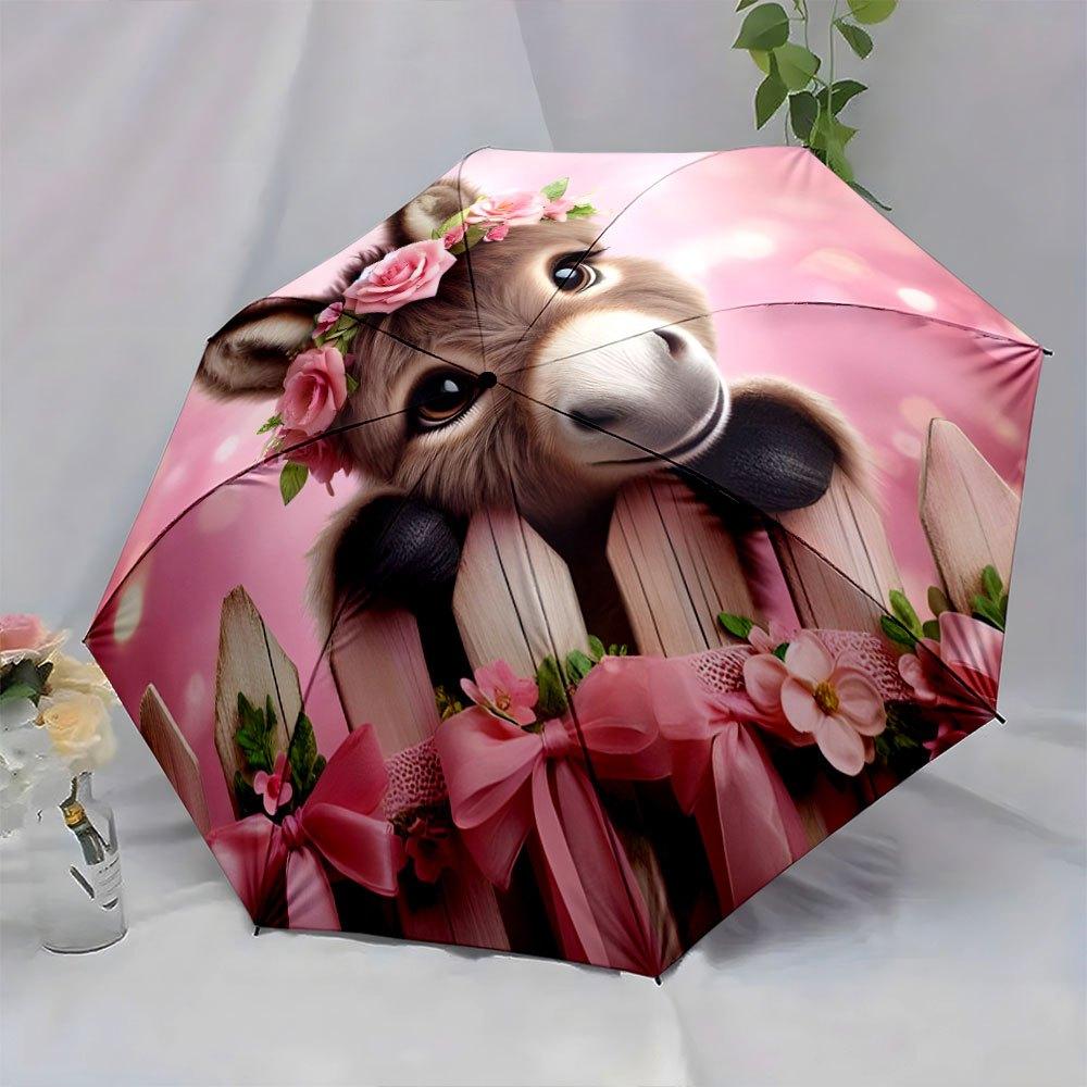 Foldable Umbrella with Smiling Donkey & Pink Rose Crown Design - Automatic Open, 8-Rib Durable Frame, Compact Travel & Backpac
