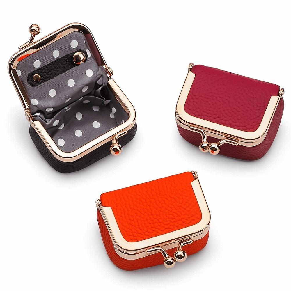 Solid Color Kiss Lock Coin Purse Genuine Leather Small Item Bag Leather Jewelry Bag  Earrings