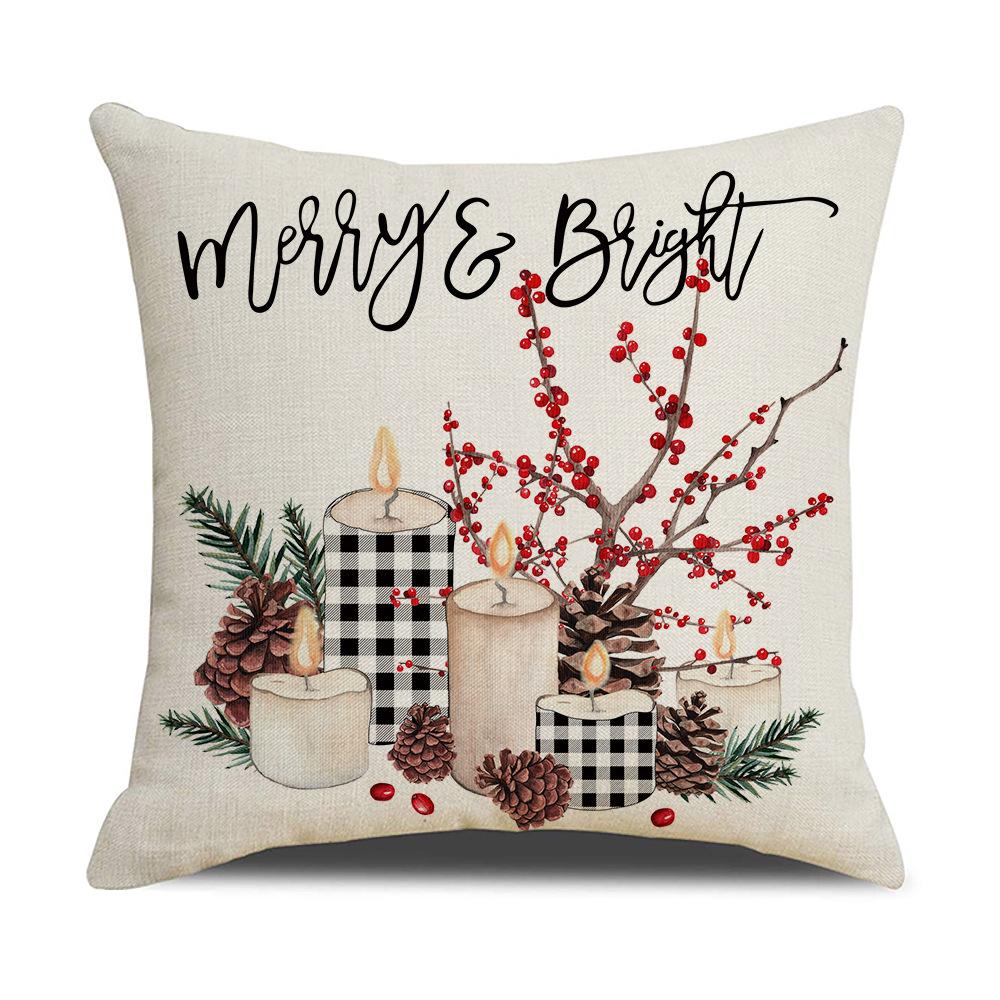 Red and Black Plaid Christmas Pillow Holiday Pillow Cover Linen Cartoon Print Holiday Cushion Cover