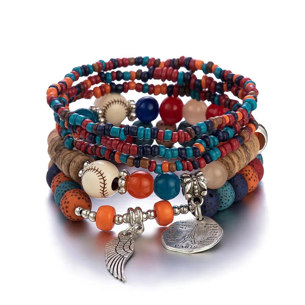 5Pcs Bohemian Colorful Rice Beads Bracelet Set For Women Eiffel Tower Wing Charm Elastic Bracelet Female Summer Vacation Jewelry