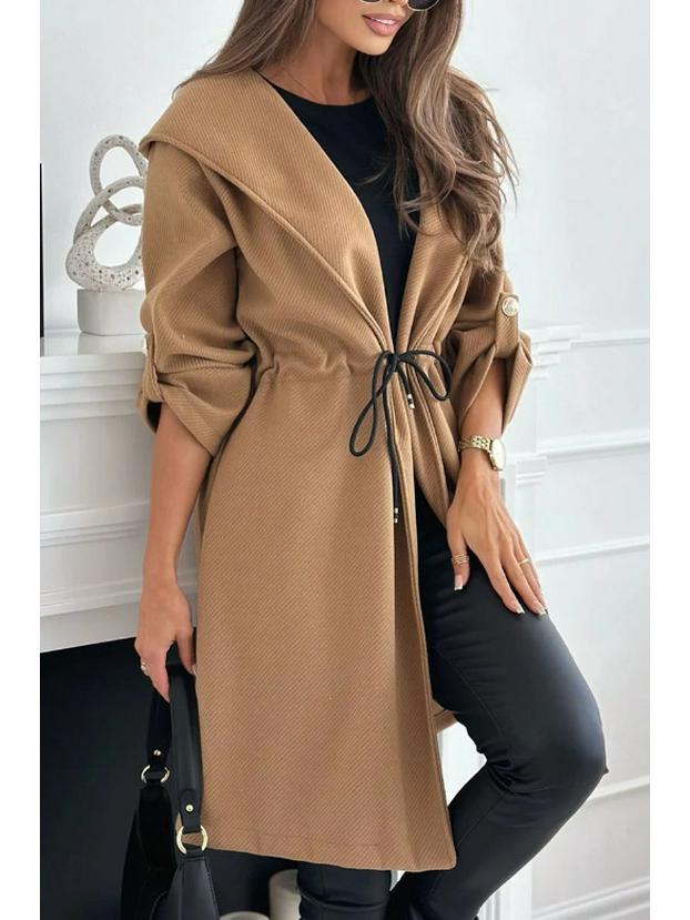2025 Międzynarodowy Modny Damski Płaszcz Przejściowy z Kapturem i Klapami, Wiązany w Pasie - Casualowy, Długi Rękaw, Styl Jesienno-Zimowy