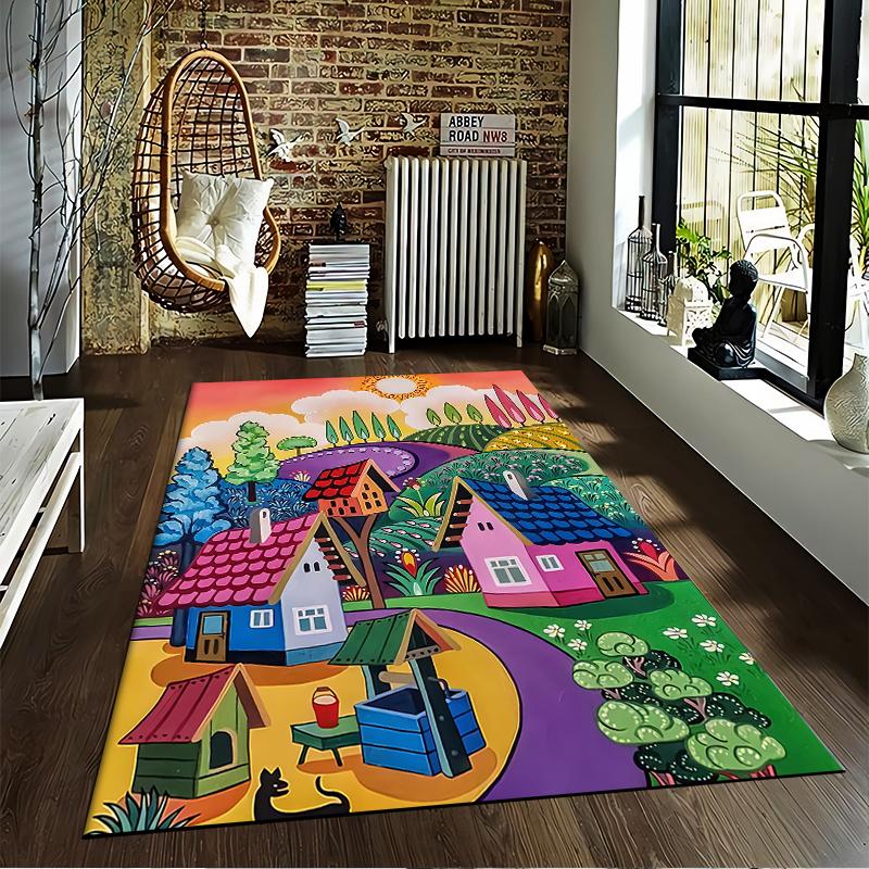 Colorful Fairy Tale Village Landscape Printed Carpet Rug Decor Suitable for Use As an Anti-slip for Living Room Bedroom Sofas