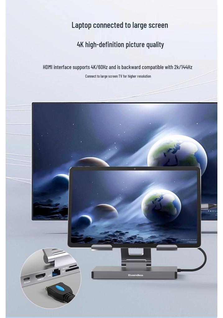 BlueShuo 4K Tablet Docking Station with USB 3.0, Ethernet, Type-C, Audio Splitter, and PD Charging.