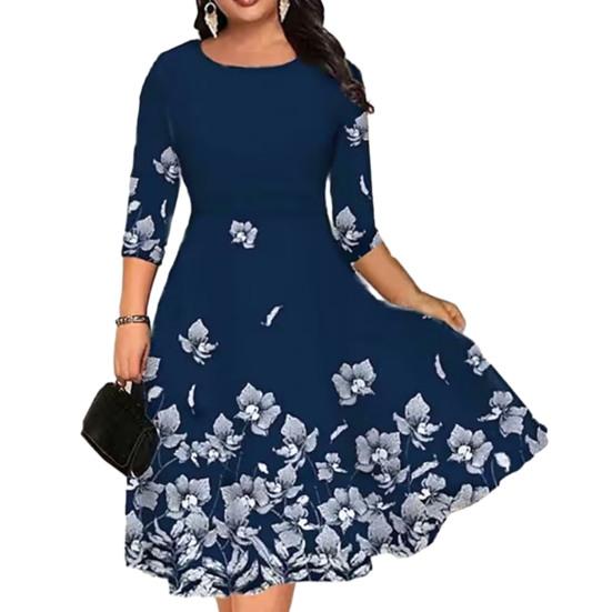 Summer O-neck 45720 Sleeve Midi Dress Butterflies Flower Printing Waist Tight Loose