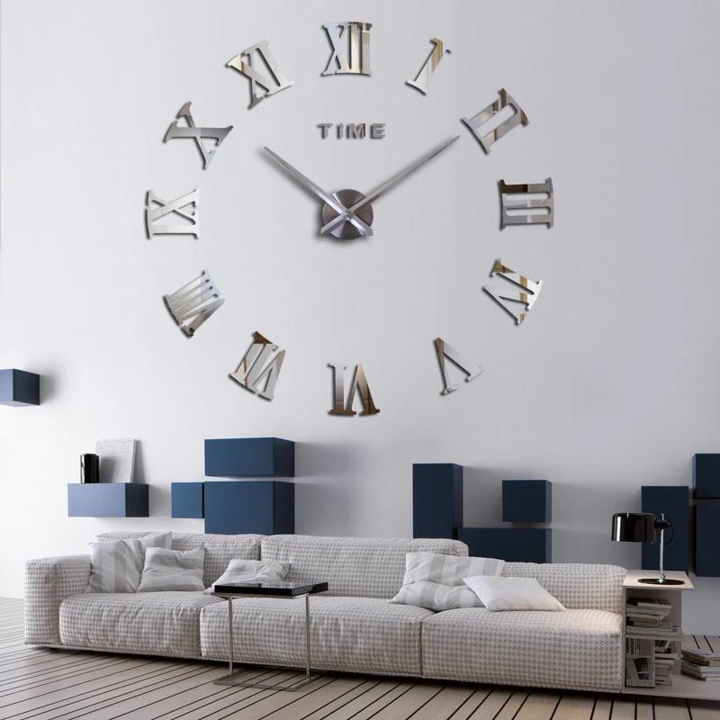 3D Wall Clock Modern Big Size Self Adhesive Needle DIY Acrylic Mirror Stickers Clock for Living Room Home Decoration