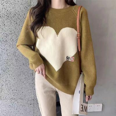 Love Jacquard Pullover Pullover für Damen Herbst und Winter Altersreduzierung Lockerer Rundhalspullover Dicker Lazy Casual Base Shirt Trend