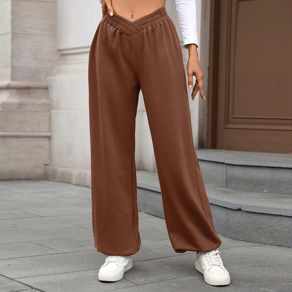 Women's Casual Fashion Elastic Waist Pocket Cuff Loose Solid Color Trousers