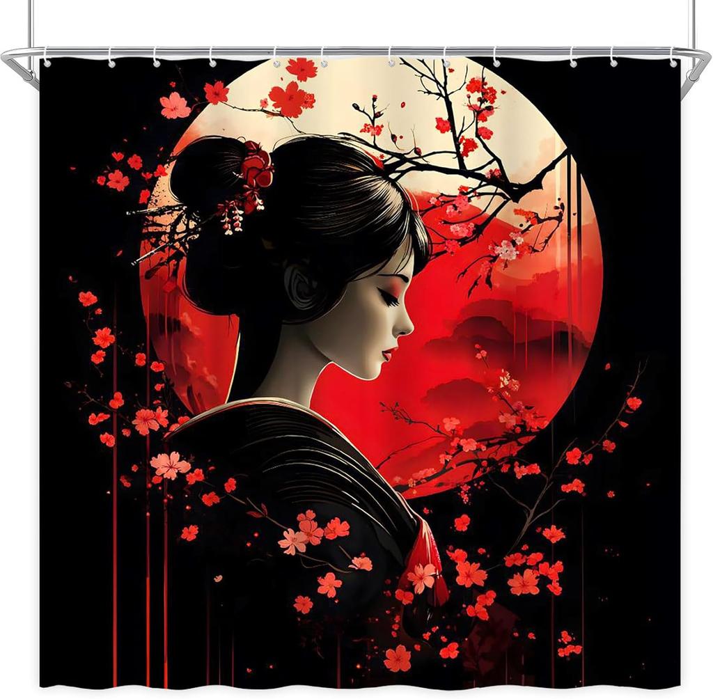 Japanese Geisha Shower Curtain Black and Red Plum Blossoms Sun Asian Traditional Oriental Costume Japan Girl Woman Spring