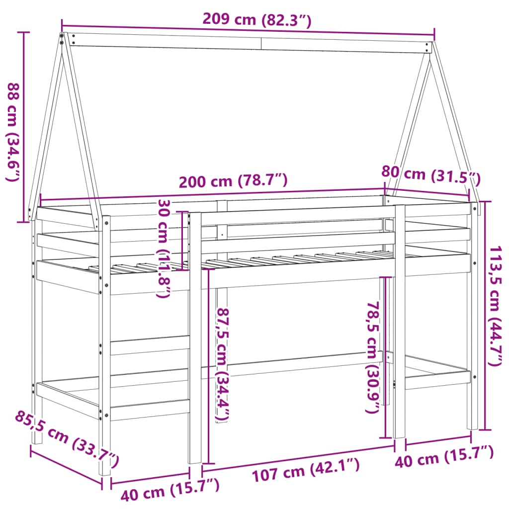 High Bed with Ladder and Canopy 80x200 cm Solid Pine Wood