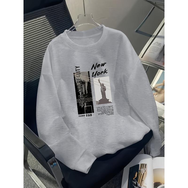 European sizes Teen Boys New York Letter Print Casual Sporty Long-Sleeve Sweatshirt Warm Crew Neck Top Autumn Winter Comfortable Outdoor Wear