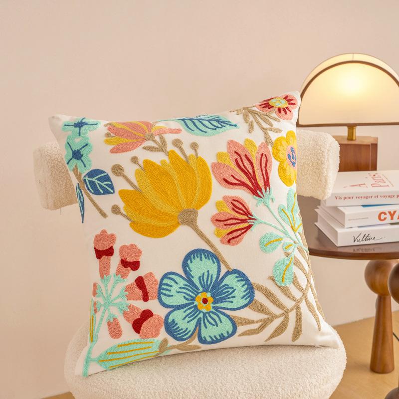 1pc Contemporary Floral Embroidery Throw Pillow Cover with Yellow Flowers & Green Leaves Zippered, Machine Washable for Living Room Decor